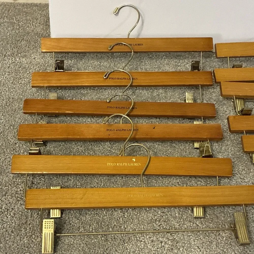 Lot 12 VTG Wooden Polo Ralph Lauren Clip Hangers For Pants Shorts Skirts 14”
